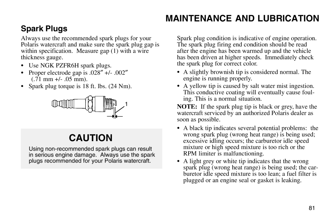 Polaris 2003 MSX owner manual Spark Plugs 