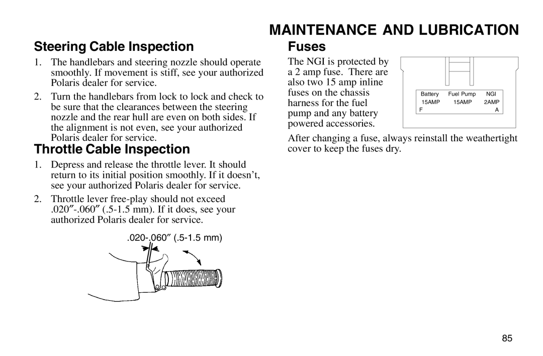 Polaris 2003 MSX owner manual Steering Cable Inspection, Fuses, Throttle Cable Inspection 