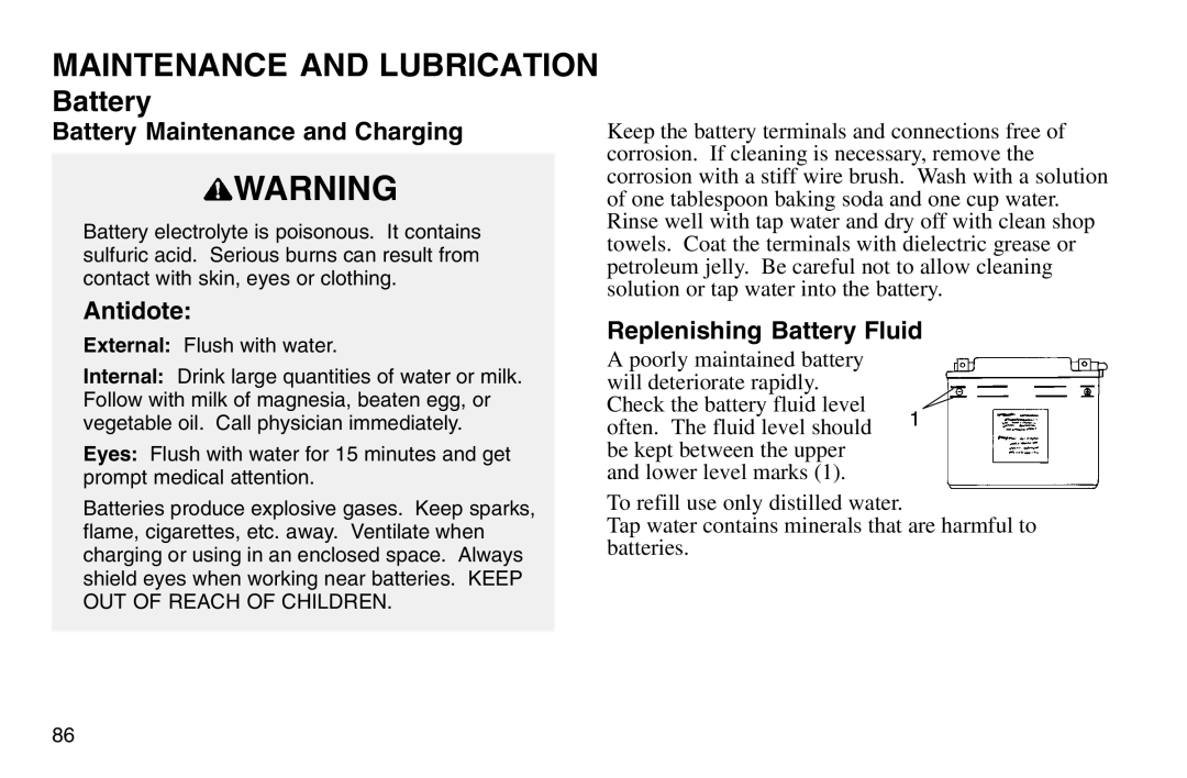 Polaris 2003 MSX owner manual Battery Maintenance and Charging, Antidote, Replenishing Battery Fluid 