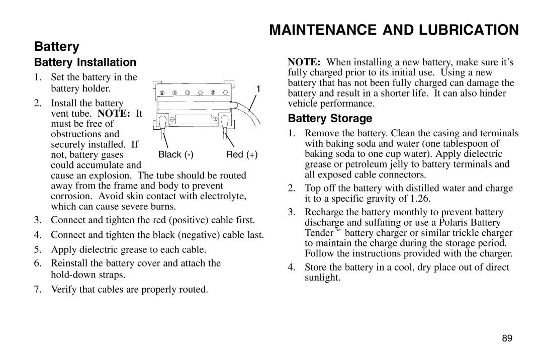 Polaris 2003 MSX owner manual Battery Installation, Battery Storage 