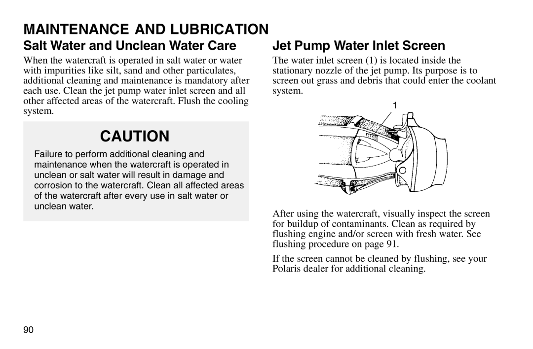 Polaris 2003 MSX owner manual Salt Water and Unclean Water Care, Jet Pump Water Inlet Screen 