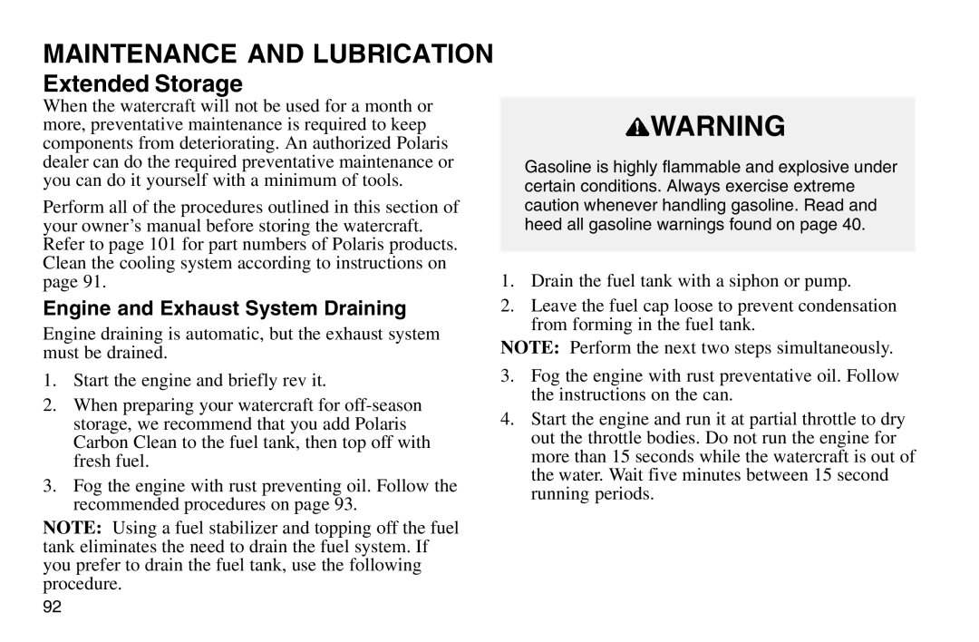 Polaris 2003 MSX owner manual Extended Storage, Engine and Exhaust System Draining 