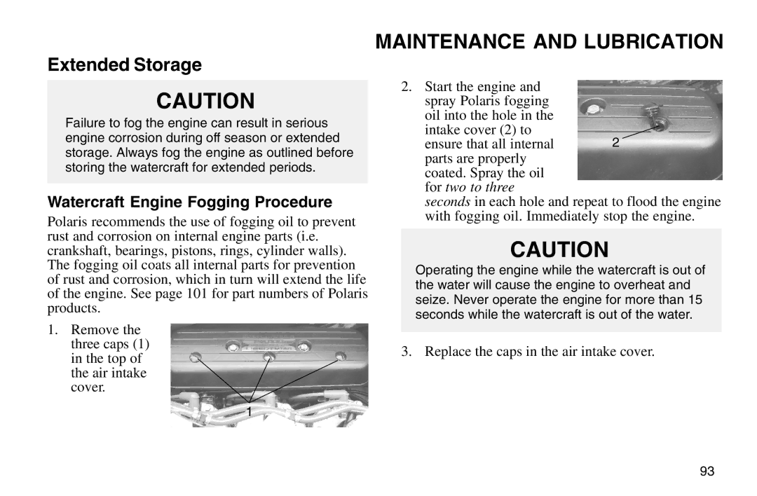 Polaris 2003 MSX owner manual Watercraft Engine Fogging Procedure 