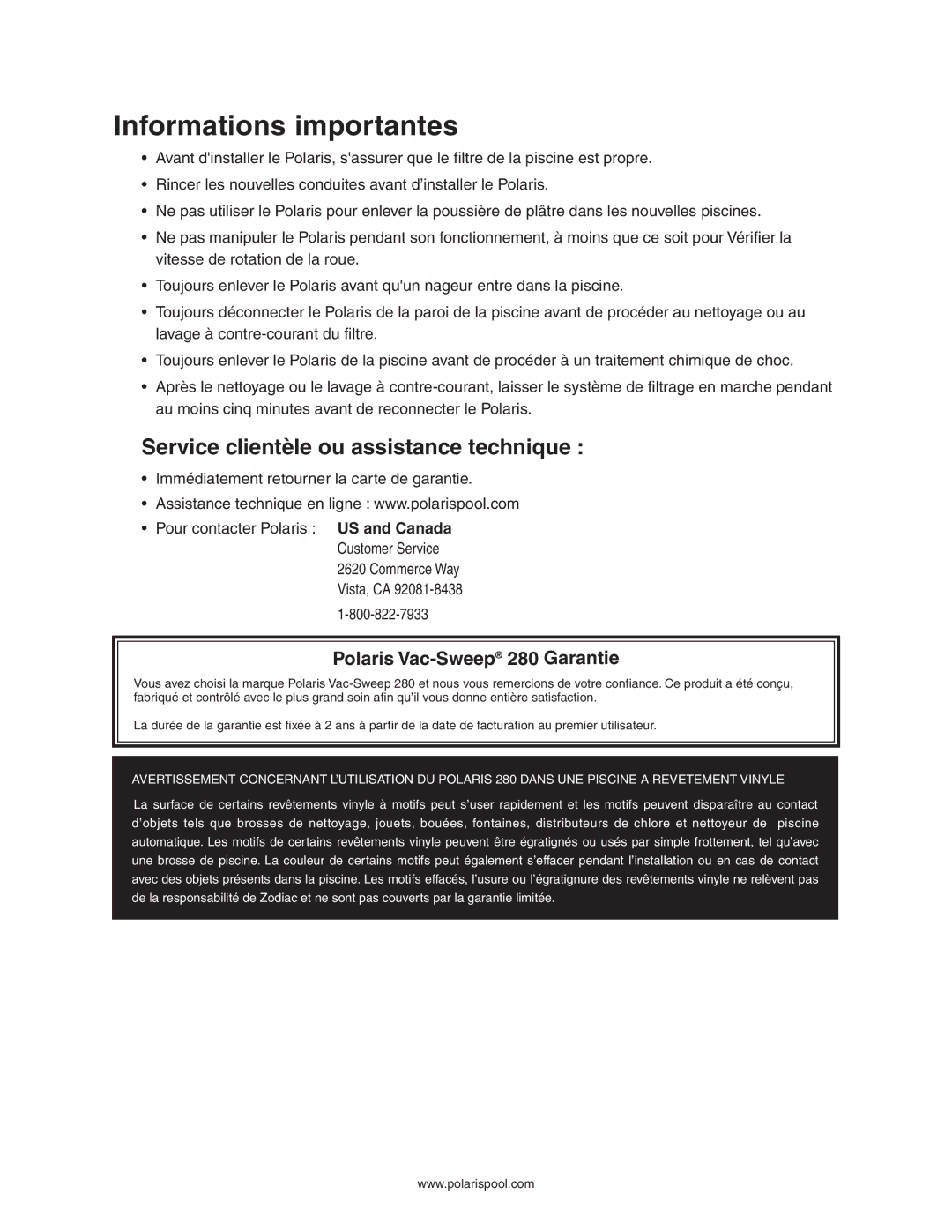 Polaris 280 owner manual Informations importantes, Service clientèle ou assistance technique 