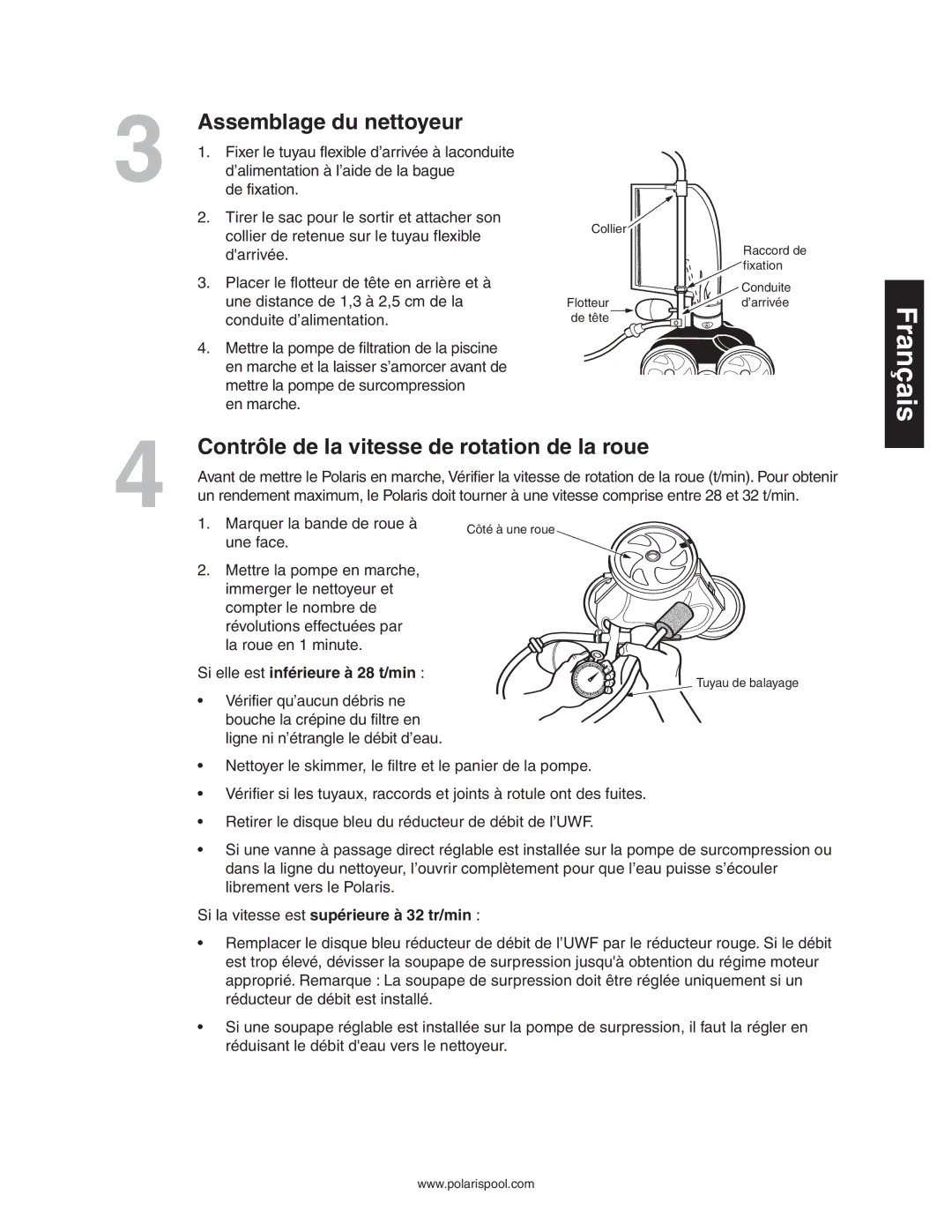 Polaris 280 Assemblage du nettoyeur, Contrôle de la vitesse de rotation de la roue, Si elle est inférieure à 28 t/min 