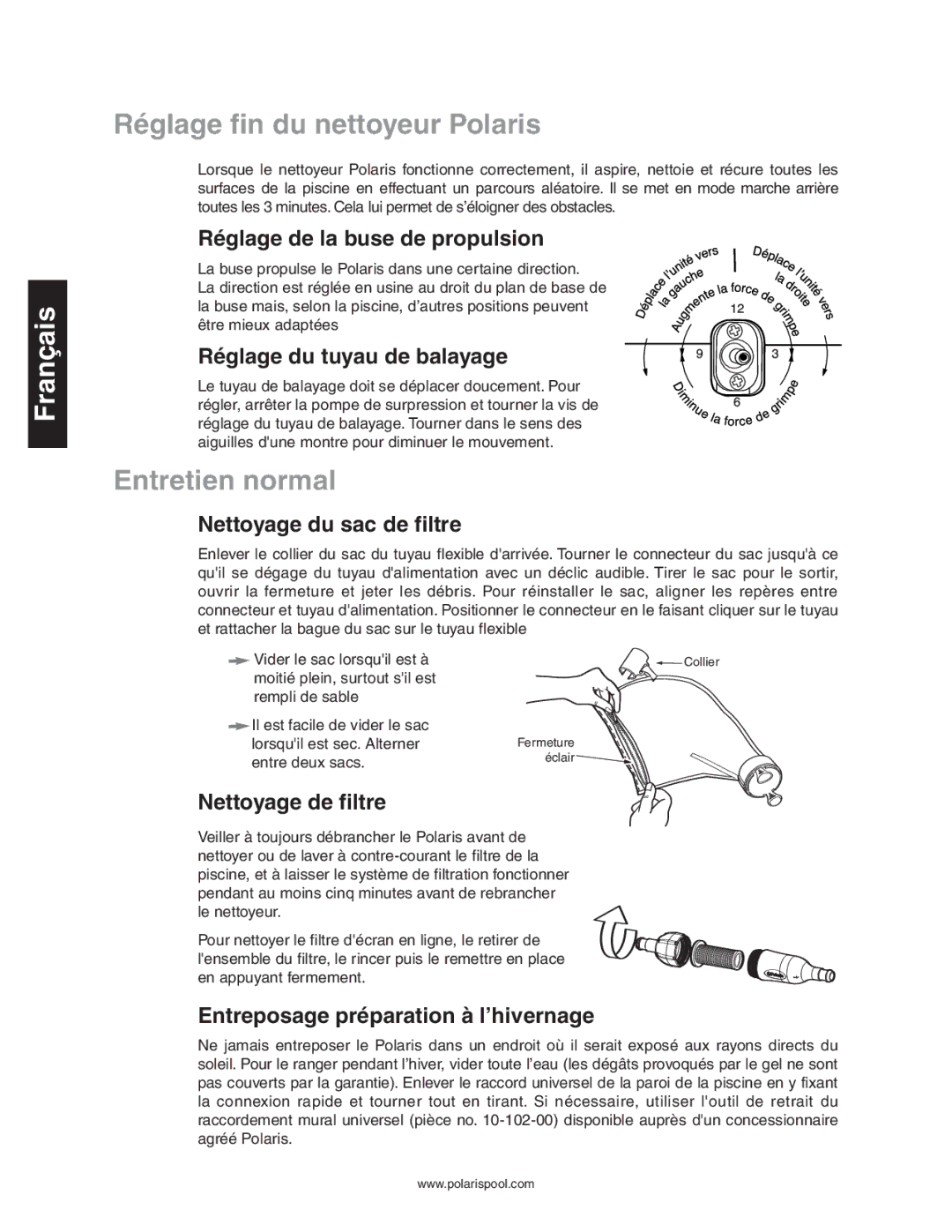 Polaris 280 owner manual Réglage fin du nettoyeur Polaris, Entretien normal 