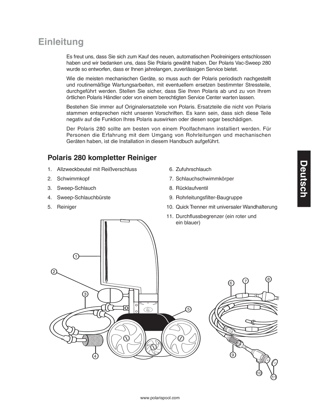 Polaris owner manual Einleitung, Polaris 280 kompletter Reiniger 