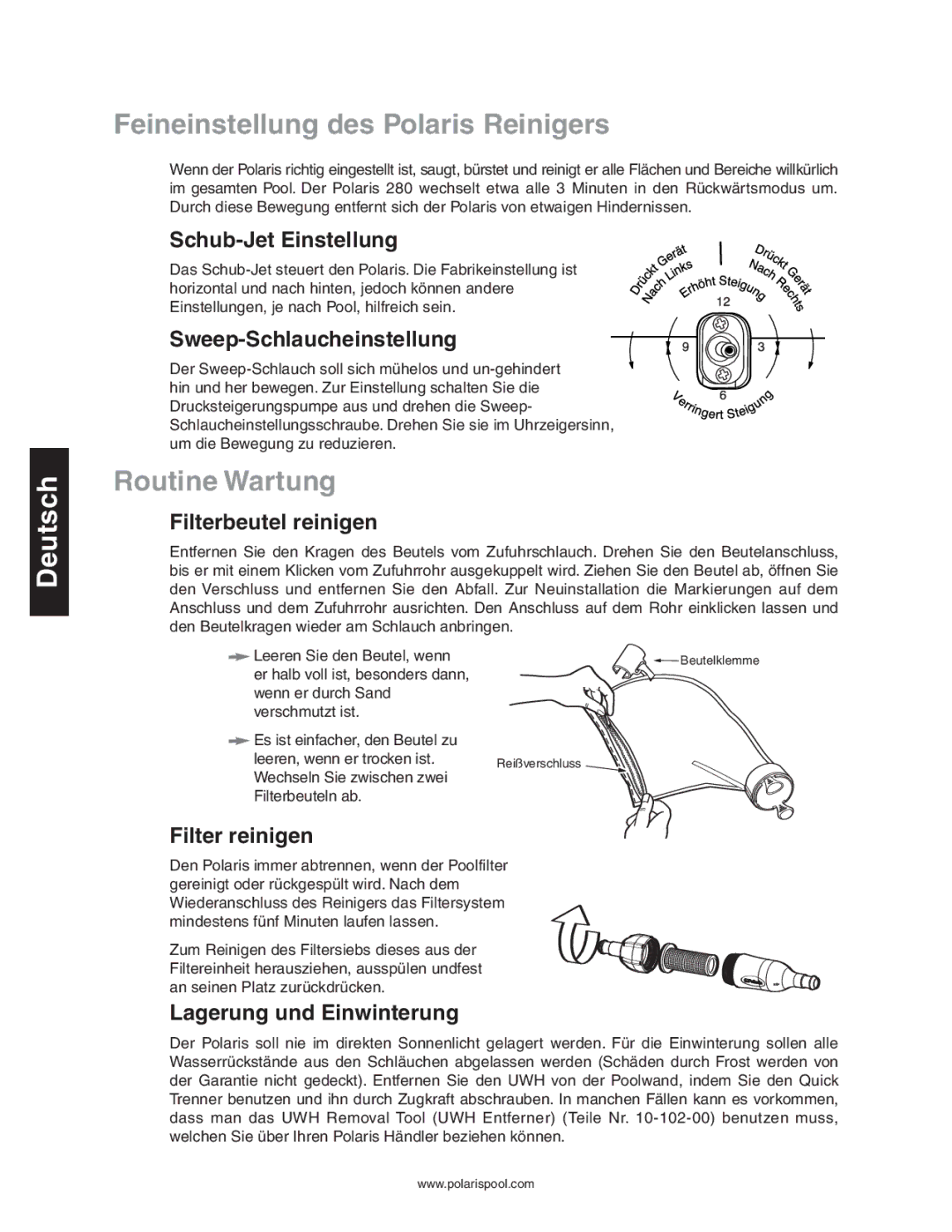 Polaris 280 owner manual Feineinstellung des Polaris Reinigers, Routine Wartung 