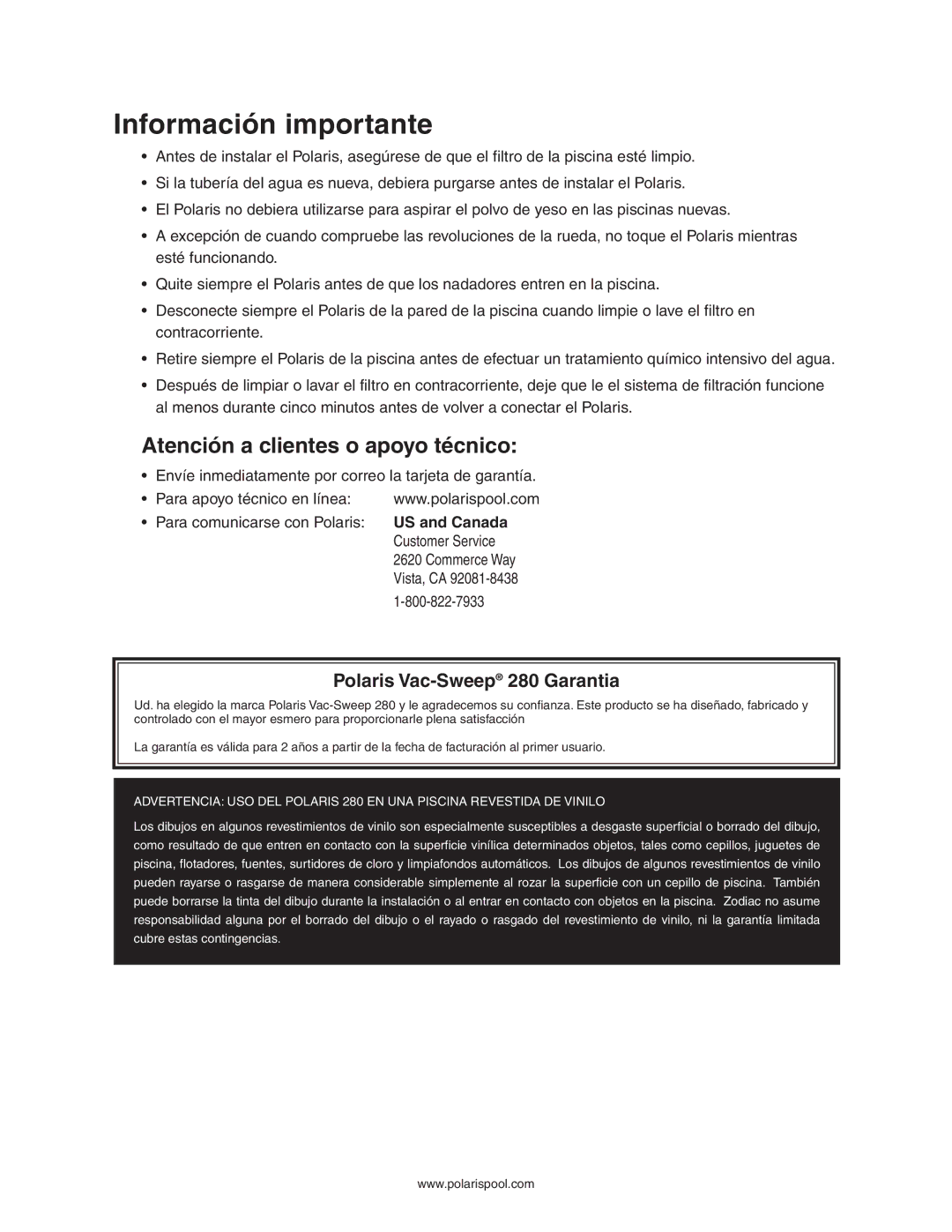 Polaris 280 owner manual Información importante, Atención a clientes o apoyo técnico 