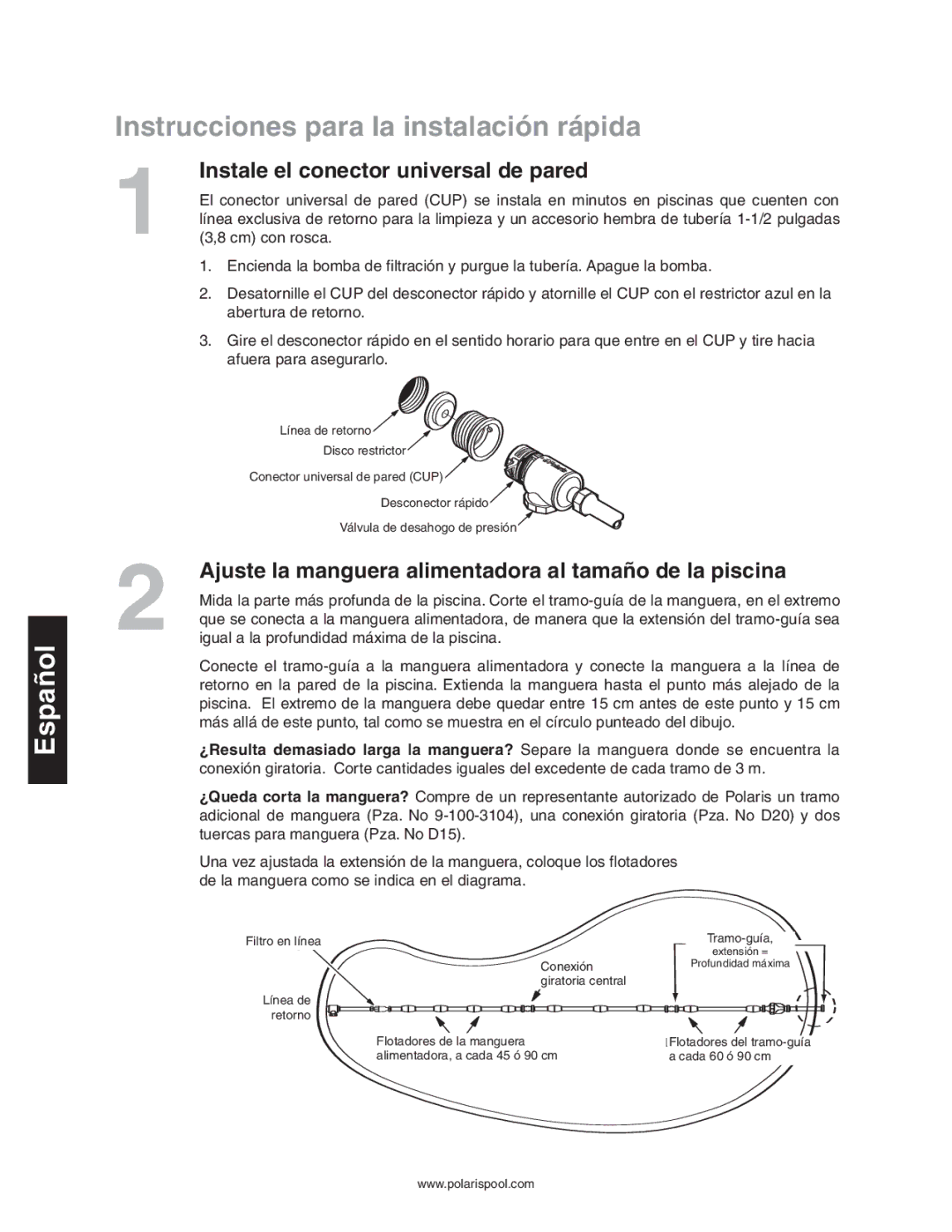 Polaris 280 owner manual Instrucciones para la instalación rápida, Instale el conector universal de pared 