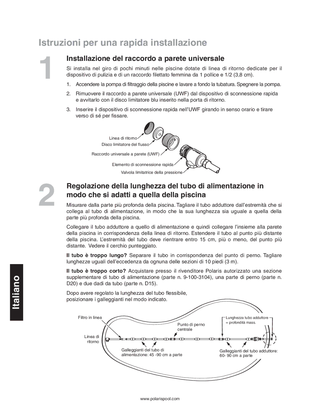 Polaris 280 owner manual Istruzioni per una rapida installazione, Installazione del raccordo a parete universale 