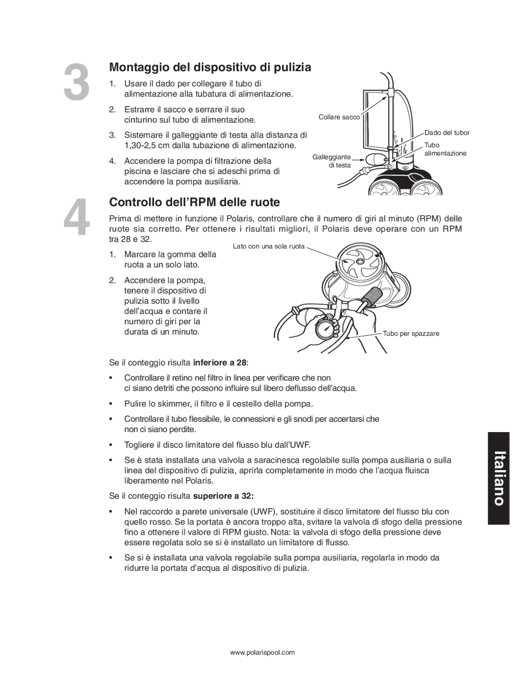 Polaris 280 owner manual Controllo dell’RPM delle ruote, Montaggio del dispositivo di pulizia 