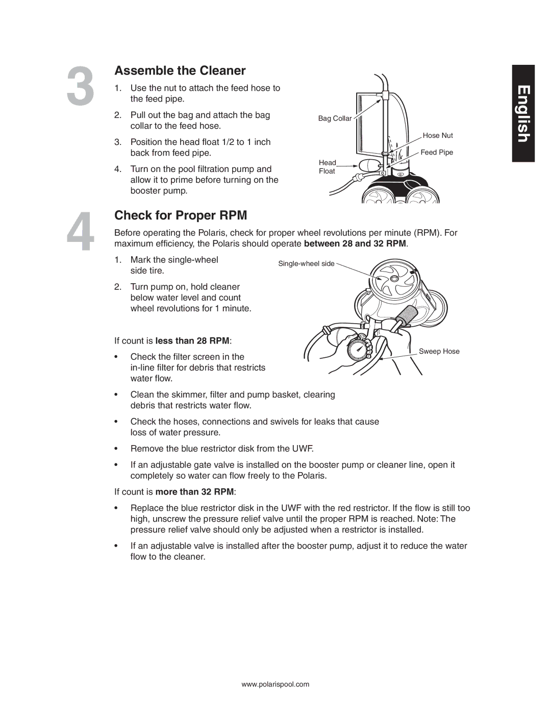 Polaris 280 Assemble the Cleaner, Check for Proper RPM, If count is less than 28 RPM, If count is more than 32 RPM 