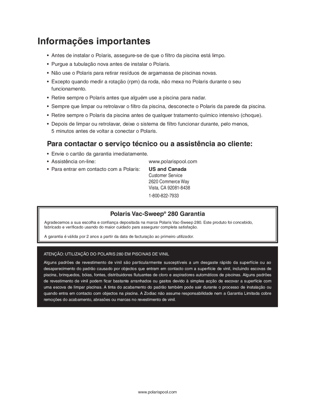 Polaris 280 owner manual Informações importantes 