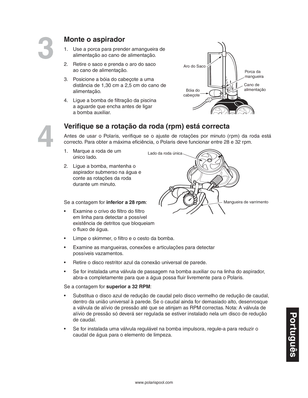 Polaris 280 owner manual Monte o aspirador, Verifique se a rotação da roda rpm está correcta 