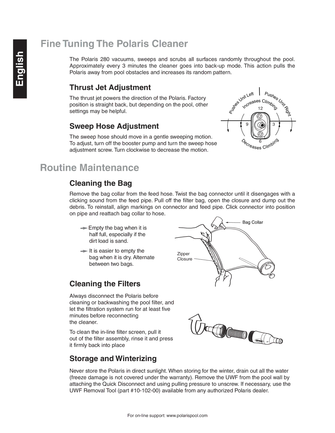 Polaris 280 owner manual Fine Tuning The Polaris Cleaner, Routine Maintenance 