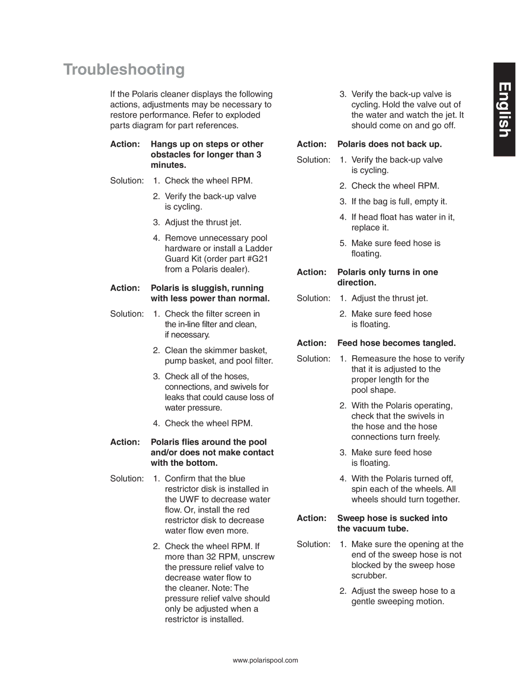 Polaris 280 owner manual Troubleshooting, Action Polaris does not back up, Action Polaris only turns in one direction 