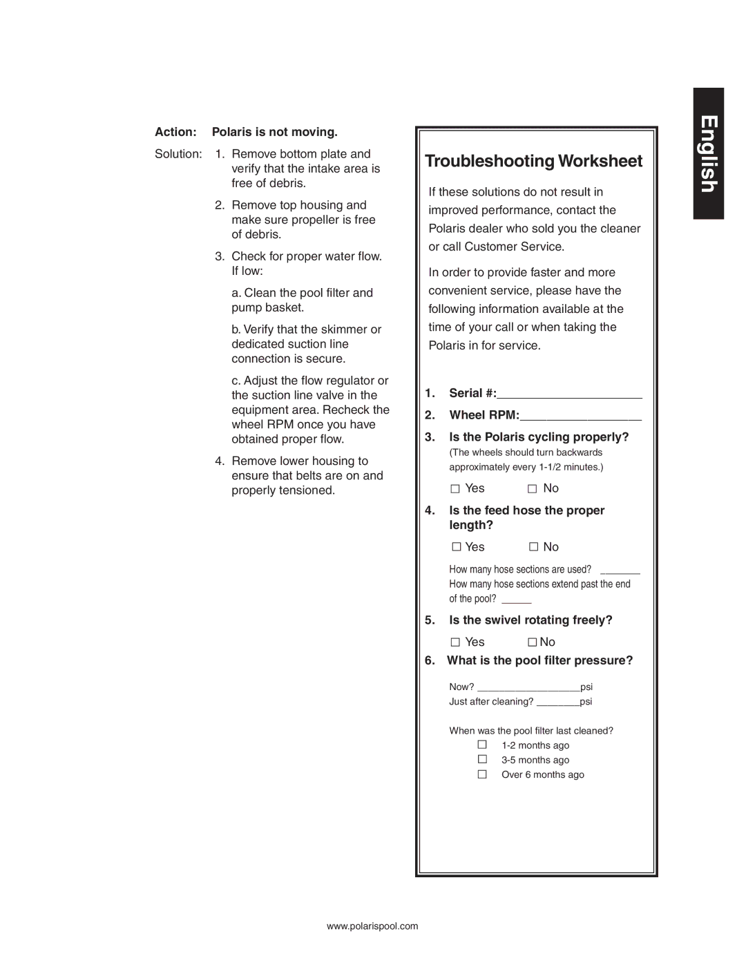 Polaris 340 owner manual Troubleshooting Worksheet 