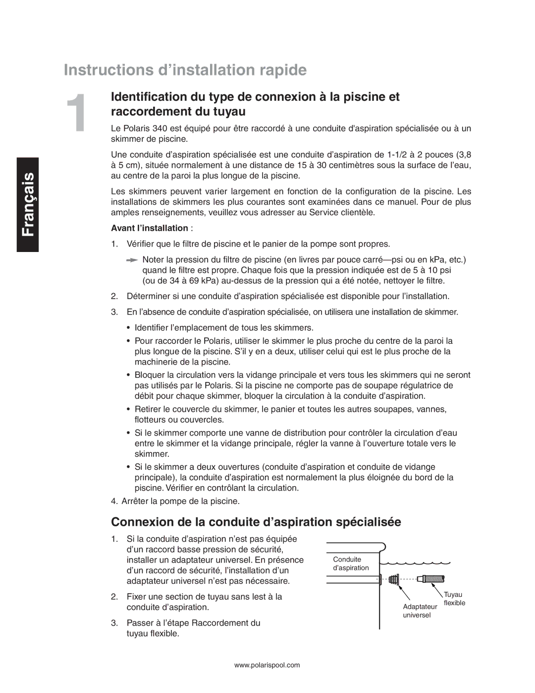 Polaris 340 Instructions d’installation rapide, Connexion de la conduite d’aspiration spécialisée, Avant l’installation 