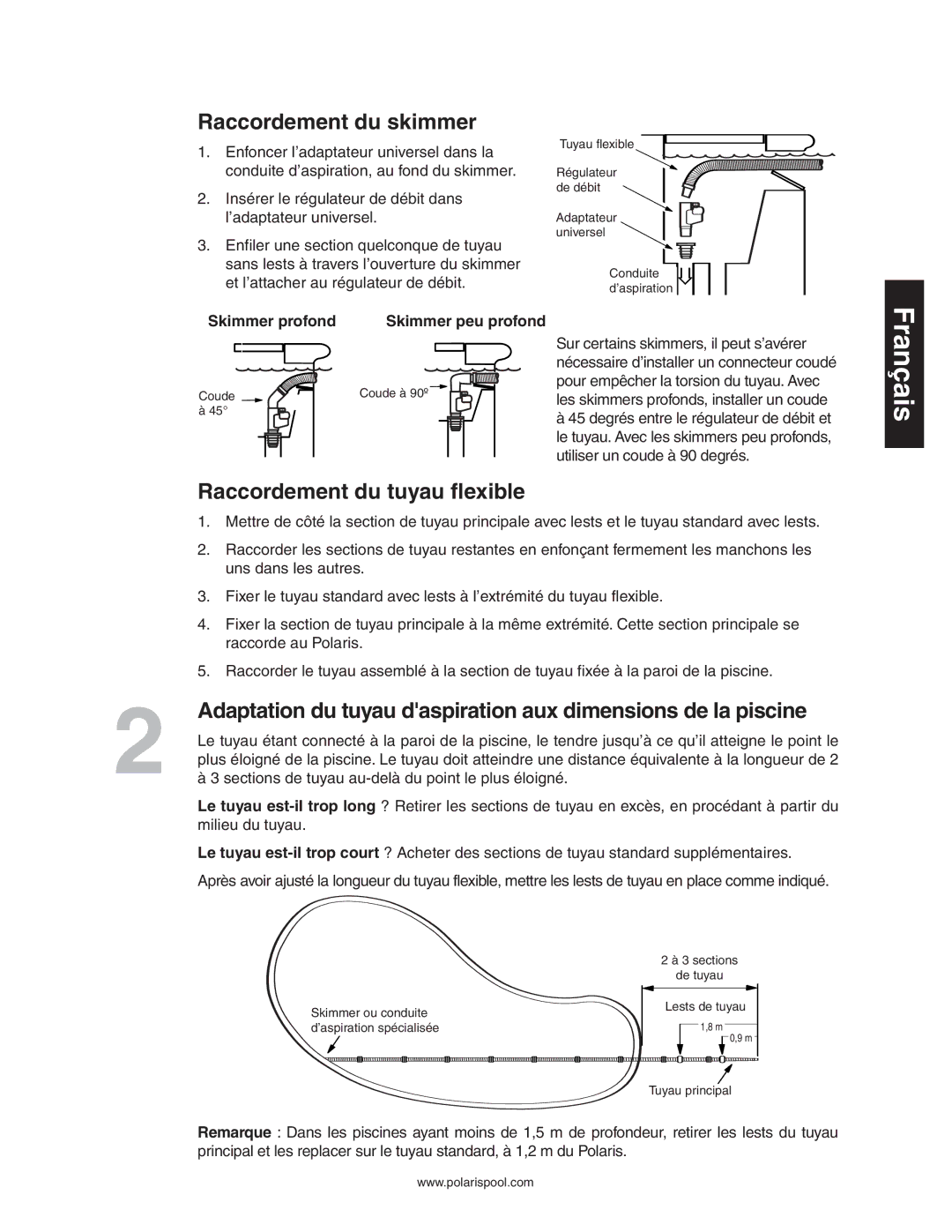 Polaris 340 owner manual Raccordement du skimmer, Raccordement du tuyau flexible, Skimmer profond Skimmer peu profond 