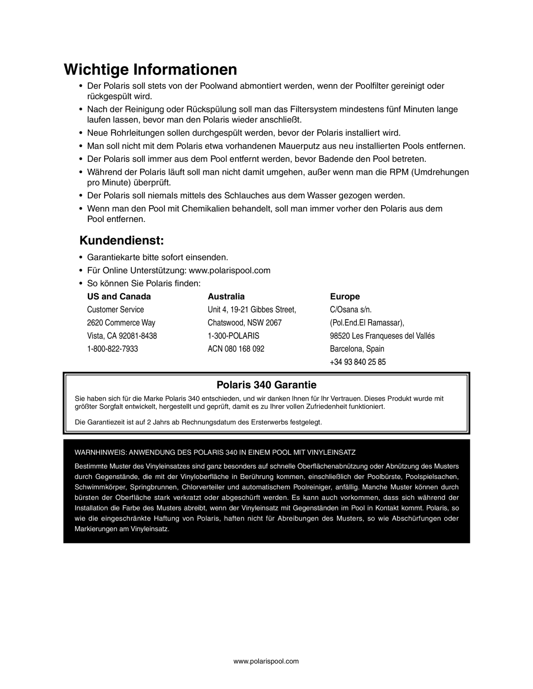 Polaris 340 owner manual Wichtige Informationen, Kundendienst 