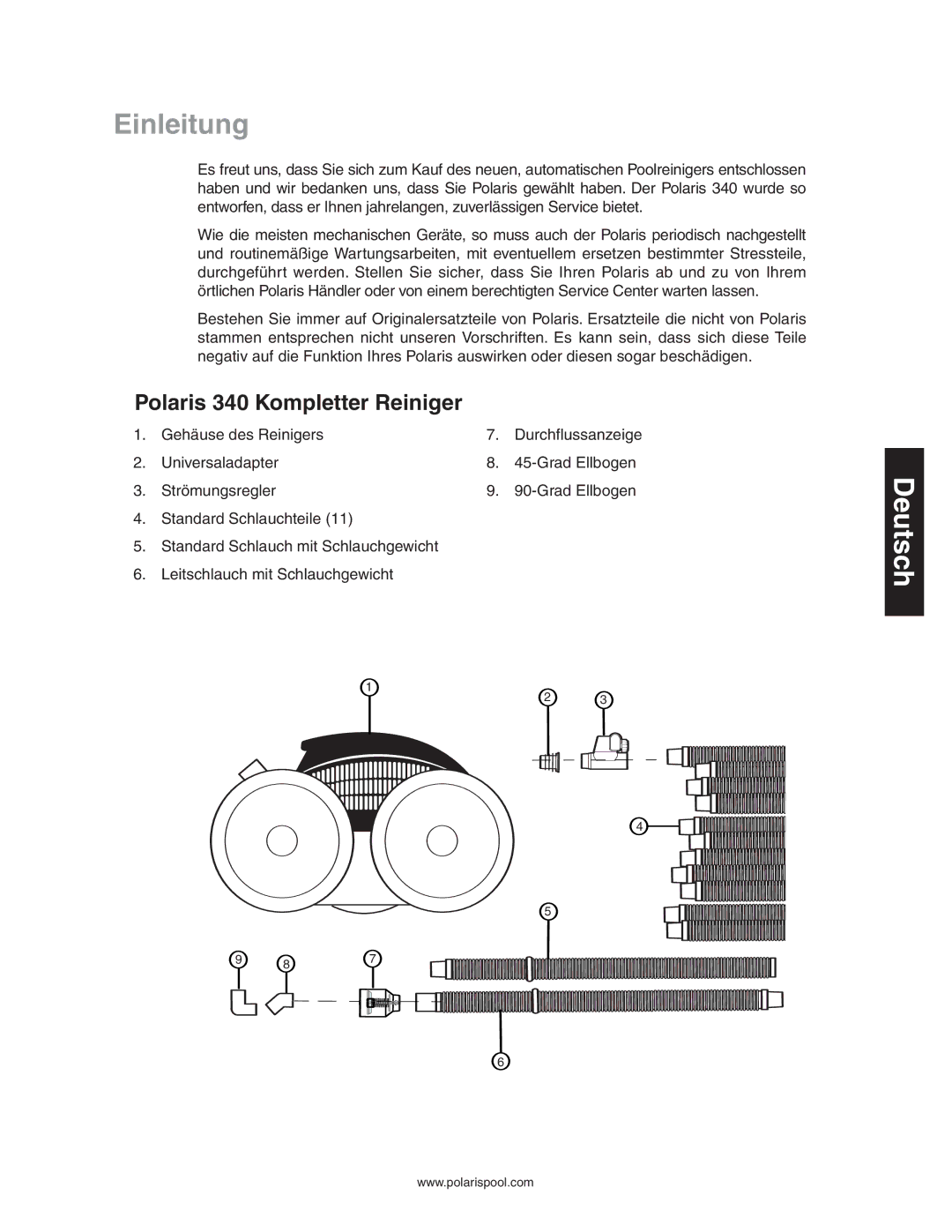 Polaris owner manual Einleitung, Polaris 340 Kompletter Reiniger 