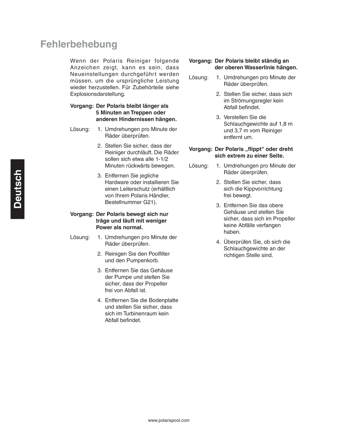 Polaris 340 owner manual Fehlerbehebung 