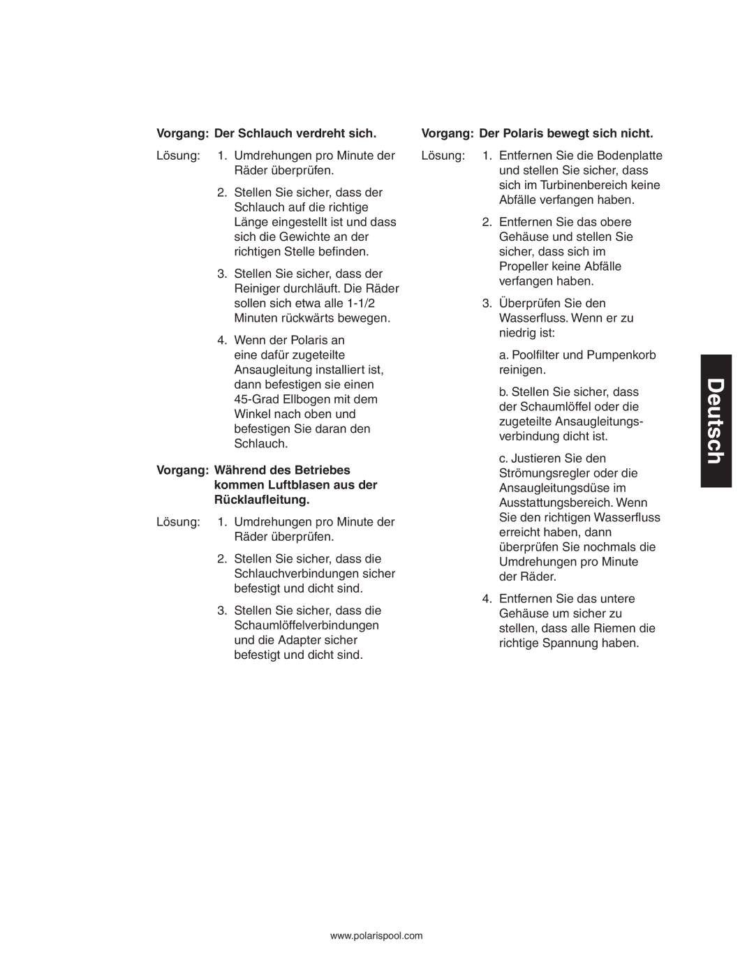 Polaris 340 owner manual Vorgang Der Schlauch verdreht sich, Vorgang Der Polaris bewegt sich nicht 