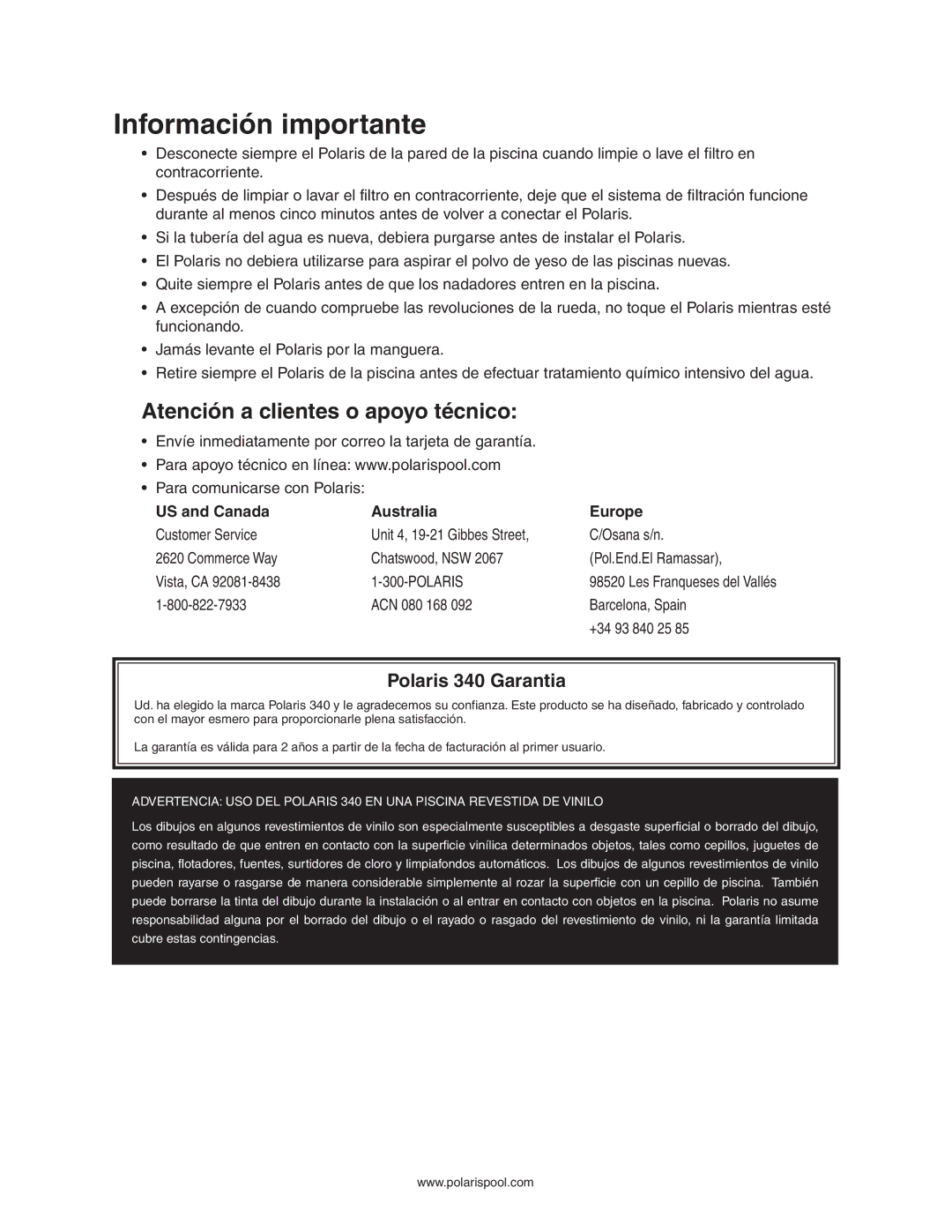 Polaris 340 owner manual Información importante, Atención a clientes o apoyo técnico 