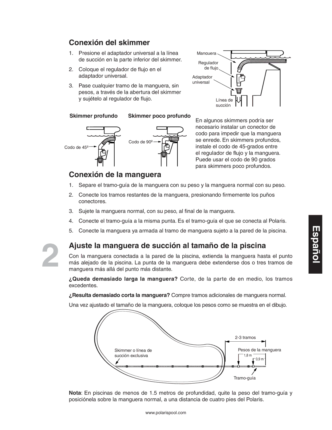 Polaris 340 Conexión del skimmer, Conexión de la manguera, Ajuste la manguera de succión al tamaño de la piscina 