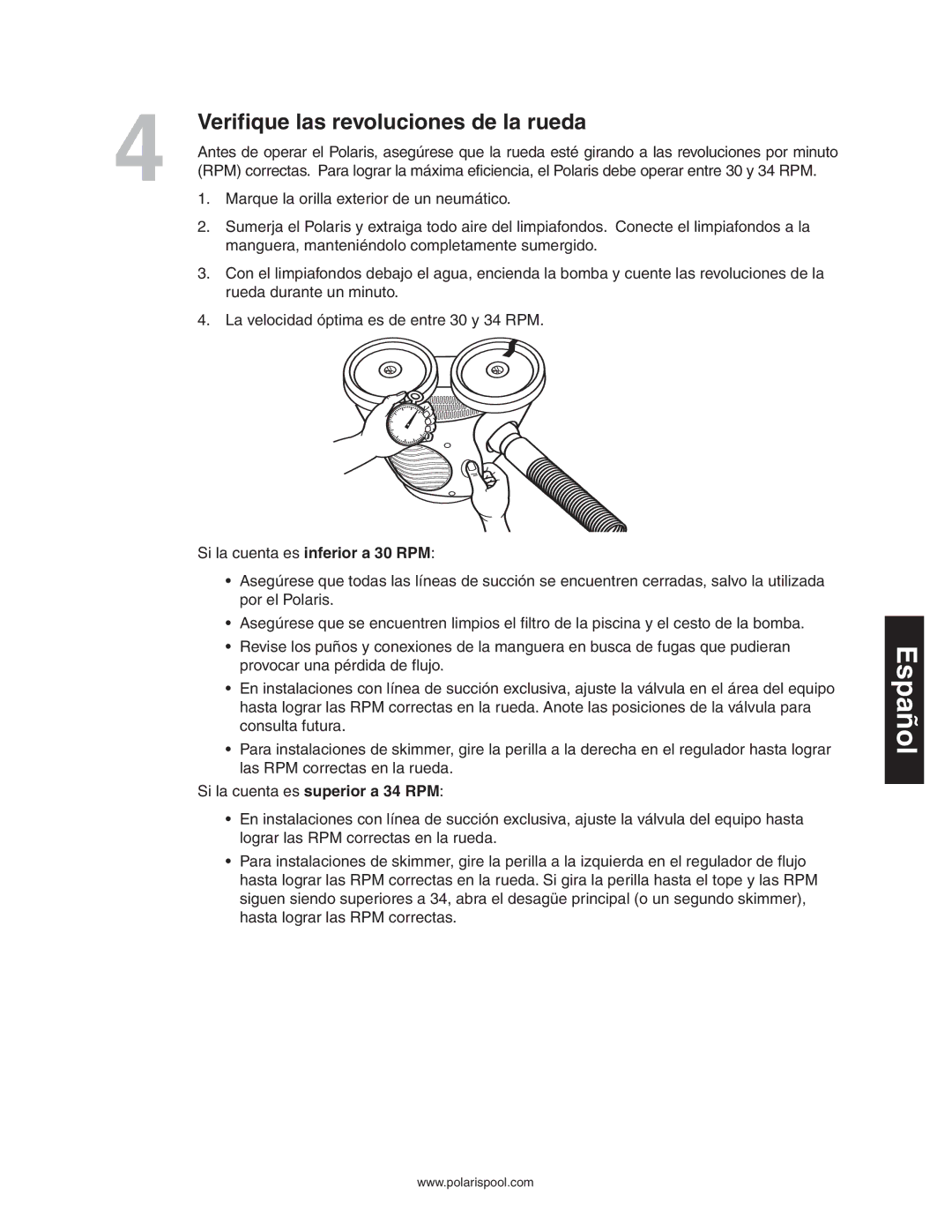 Polaris 340 owner manual Verifique las revoluciones de la rueda 