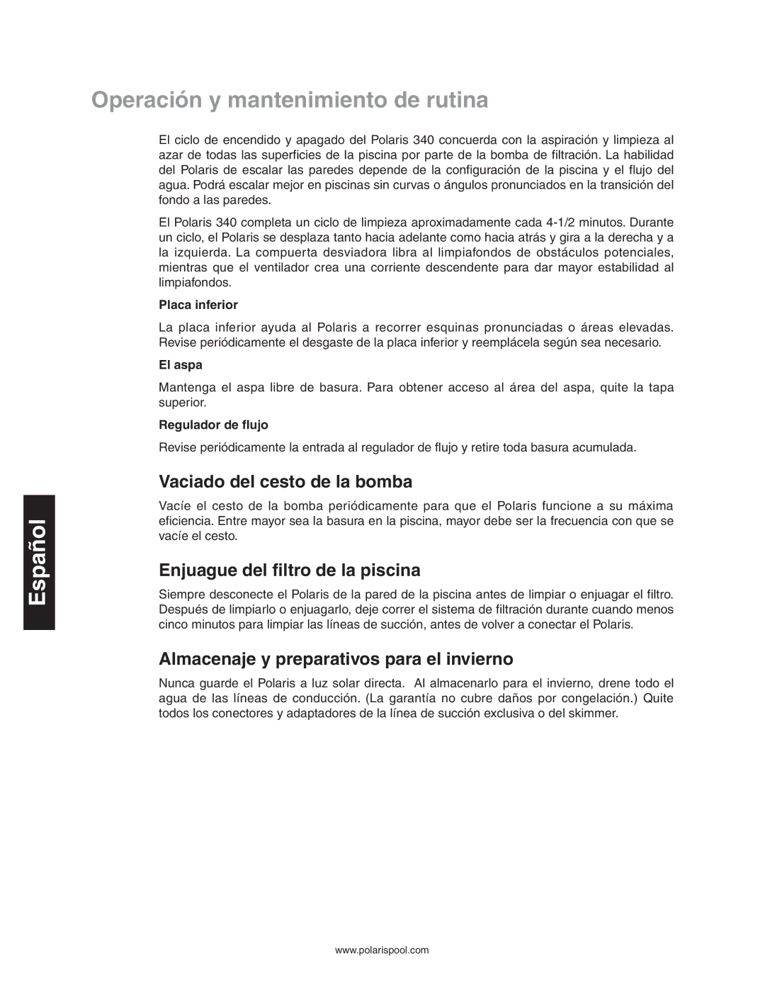 Polaris 340 Operación y mantenimiento de rutina, Vaciado del cesto de la bomba, Enjuague del filtro de la piscina 