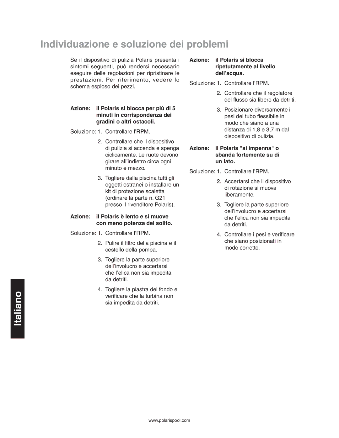 Polaris 340 owner manual Individuazione e soluzione dei problemi 