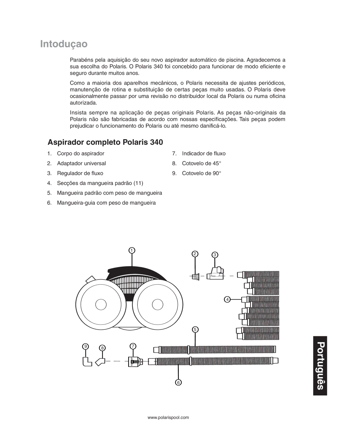 Polaris 340 owner manual Intoduçao, Aspirador completo Polaris 