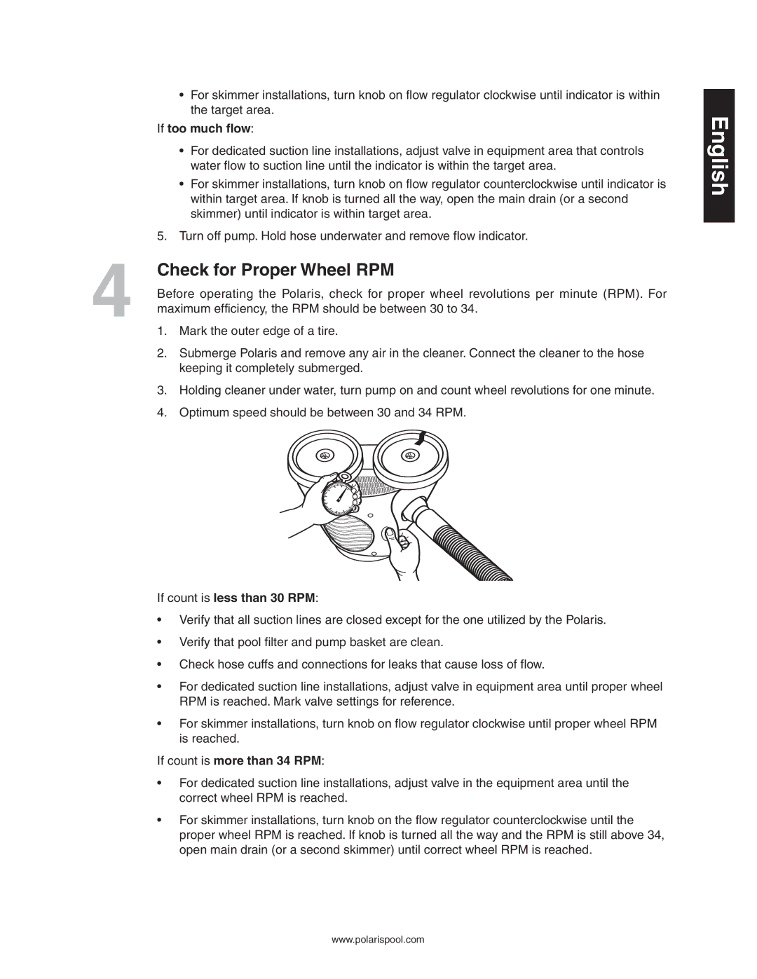 Polaris 340 Check for Proper Wheel RPM, If too much flow, If count is less than 30 RPM, If count is more than 34 RPM 