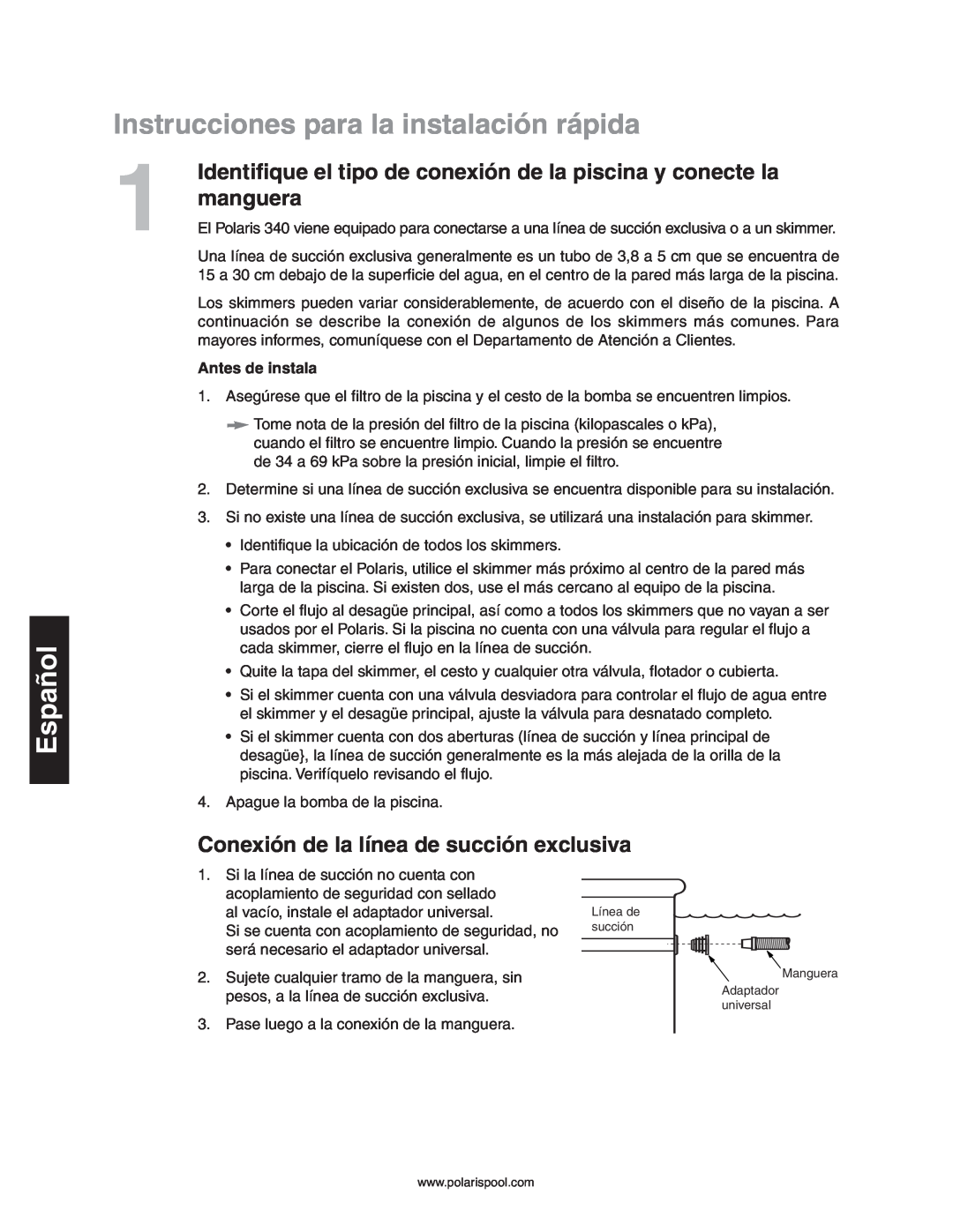 Polaris 340 Instrucciones para la instalación rápida, manguera, Conexión de la línea de succión exclusiva, Español 
