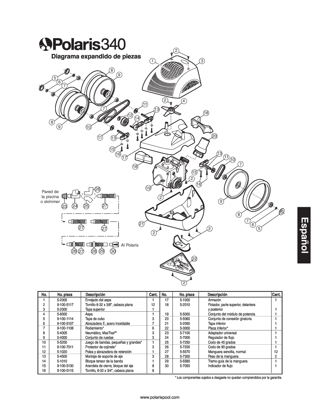 Polaris 340 owner manual Diagrama expandido de piezas, Español, No. pieza, Descripción 