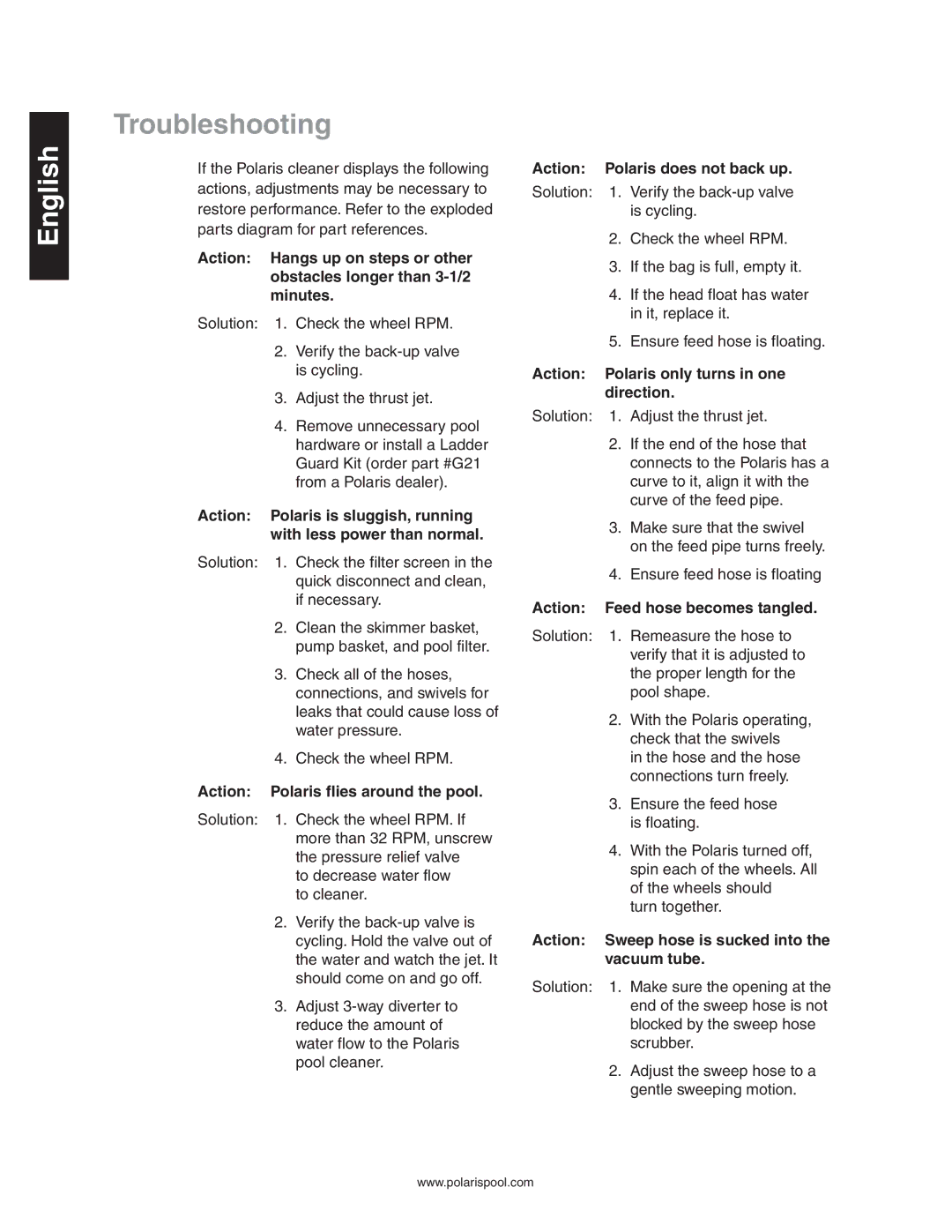 Polaris 360 owner manual Troubleshooting 