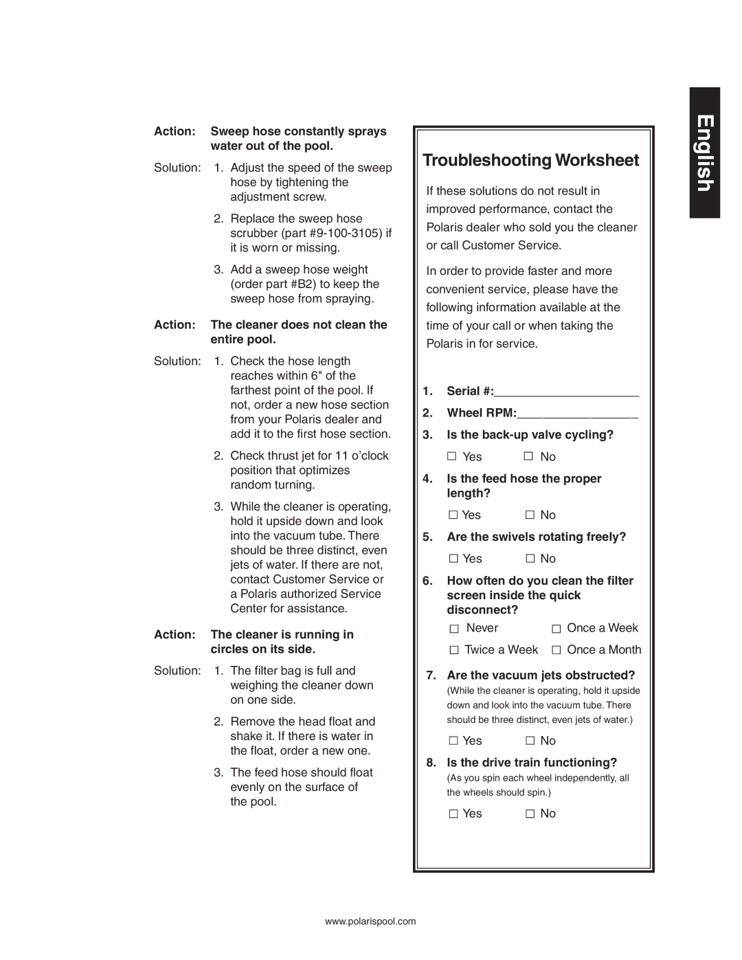 Polaris 360 owner manual Troubleshooting Worksheet 