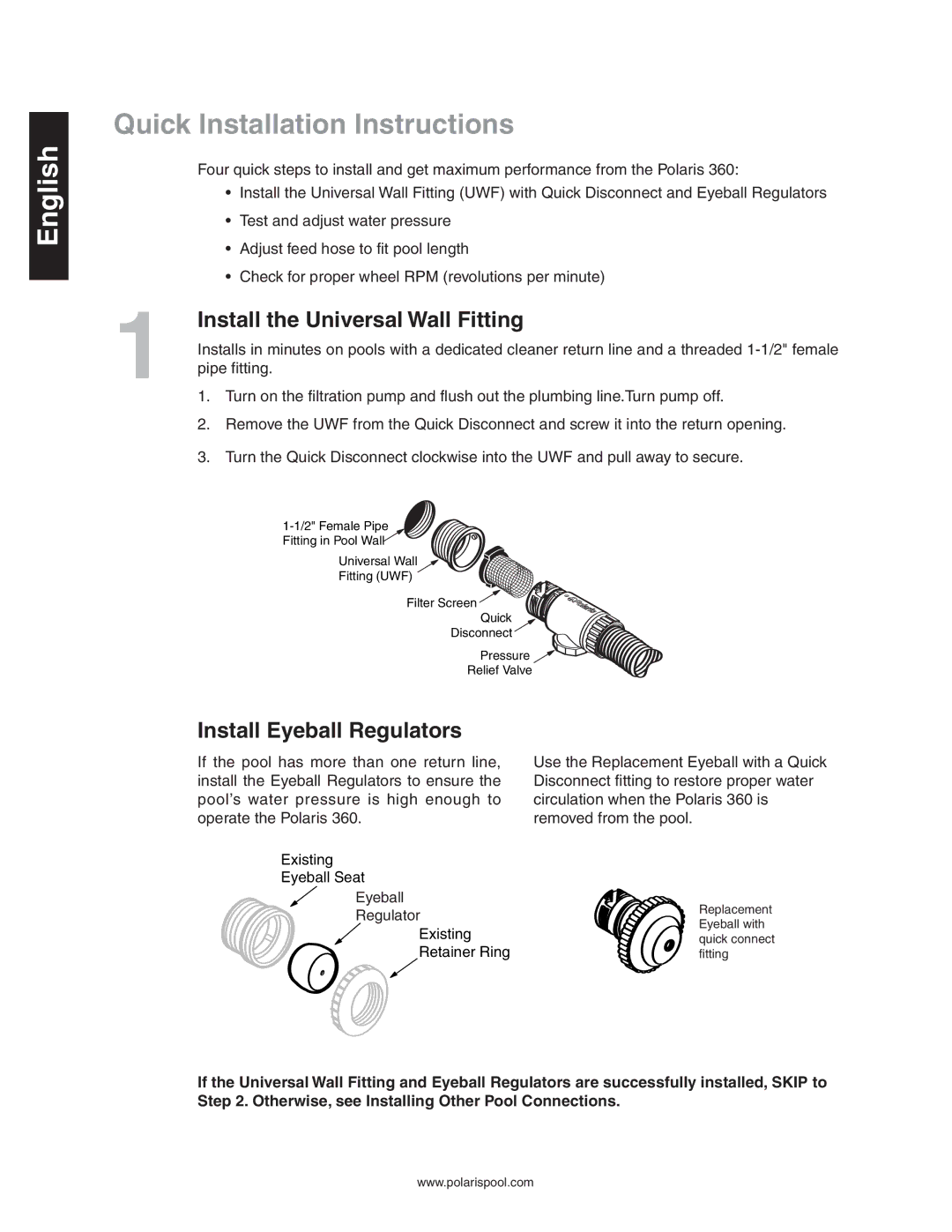 Polaris 360 owner manual Quick Installation Instructions, Install the Universal Wall Fitting, Install Eyeball Regulators 