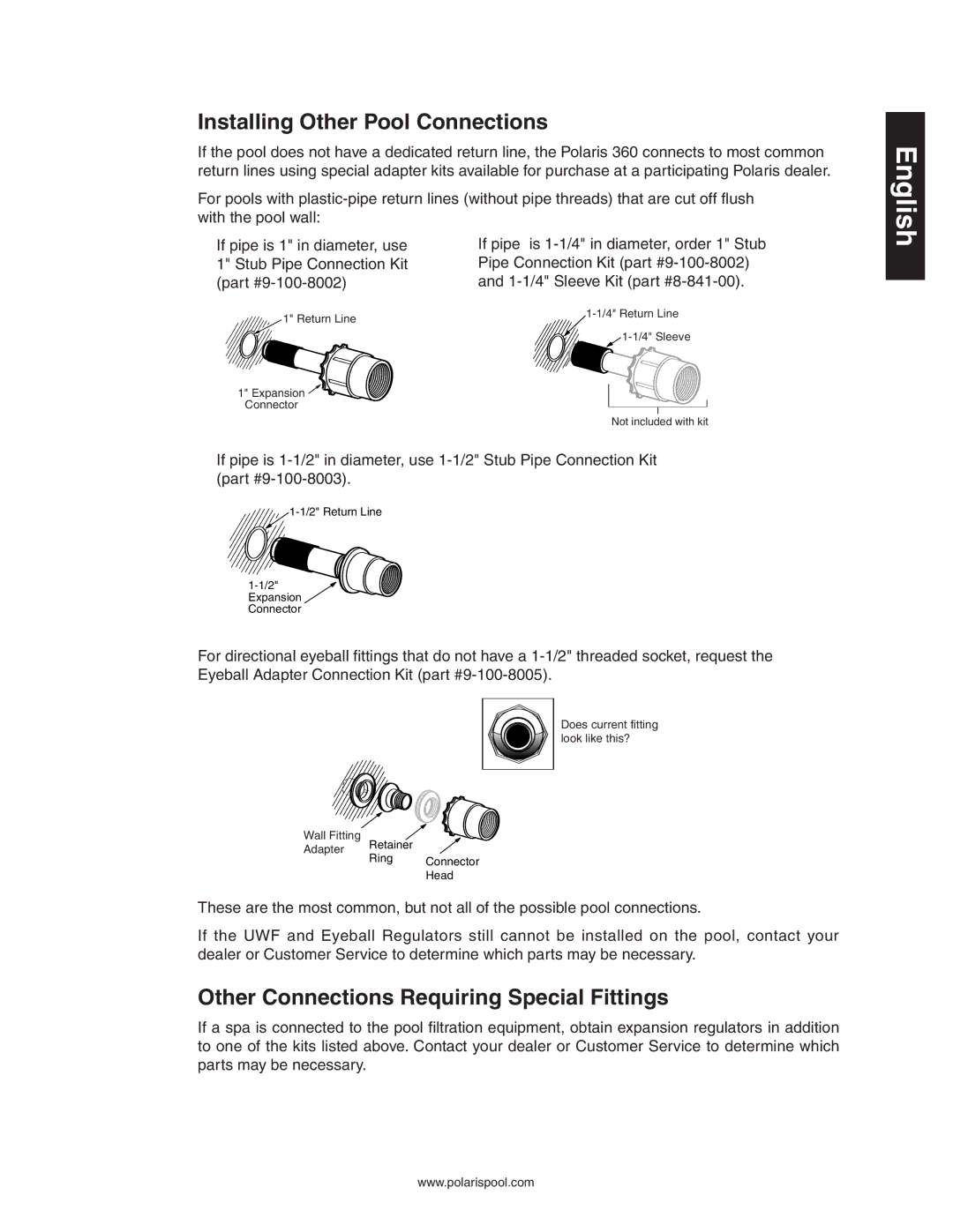 Polaris 360 owner manual Installing Other Pool Connections, Other Connections Requiring Special Fittings 