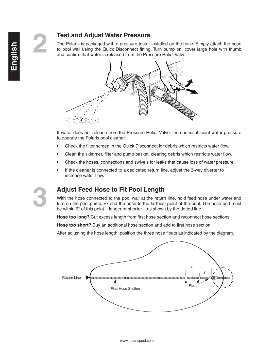 Polaris 360 owner manual Test and Adjust Water Pressure, Adjust Feed Hose to Fit Pool Length 