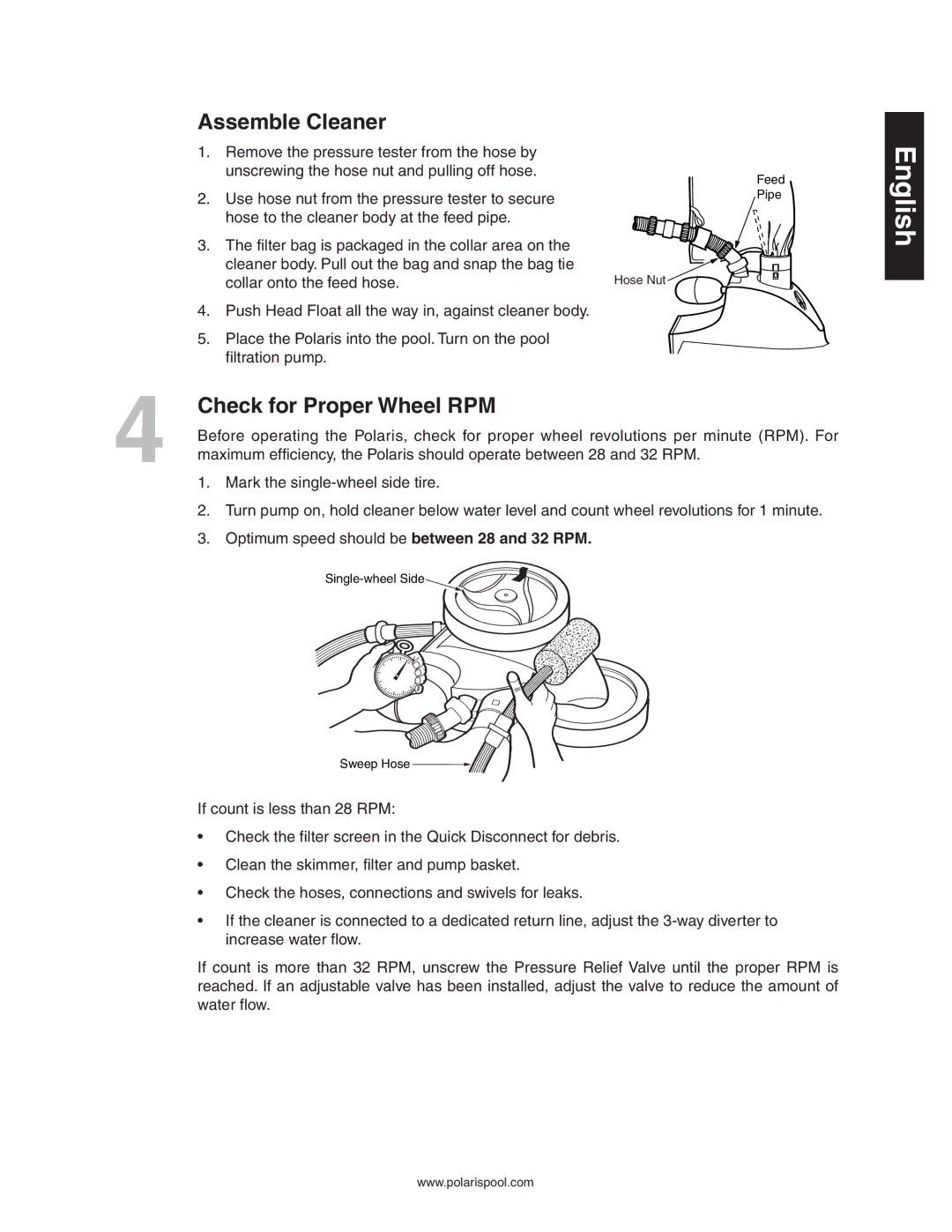 Polaris 360 owner manual Assemble Cleaner, Check for Proper Wheel RPM 