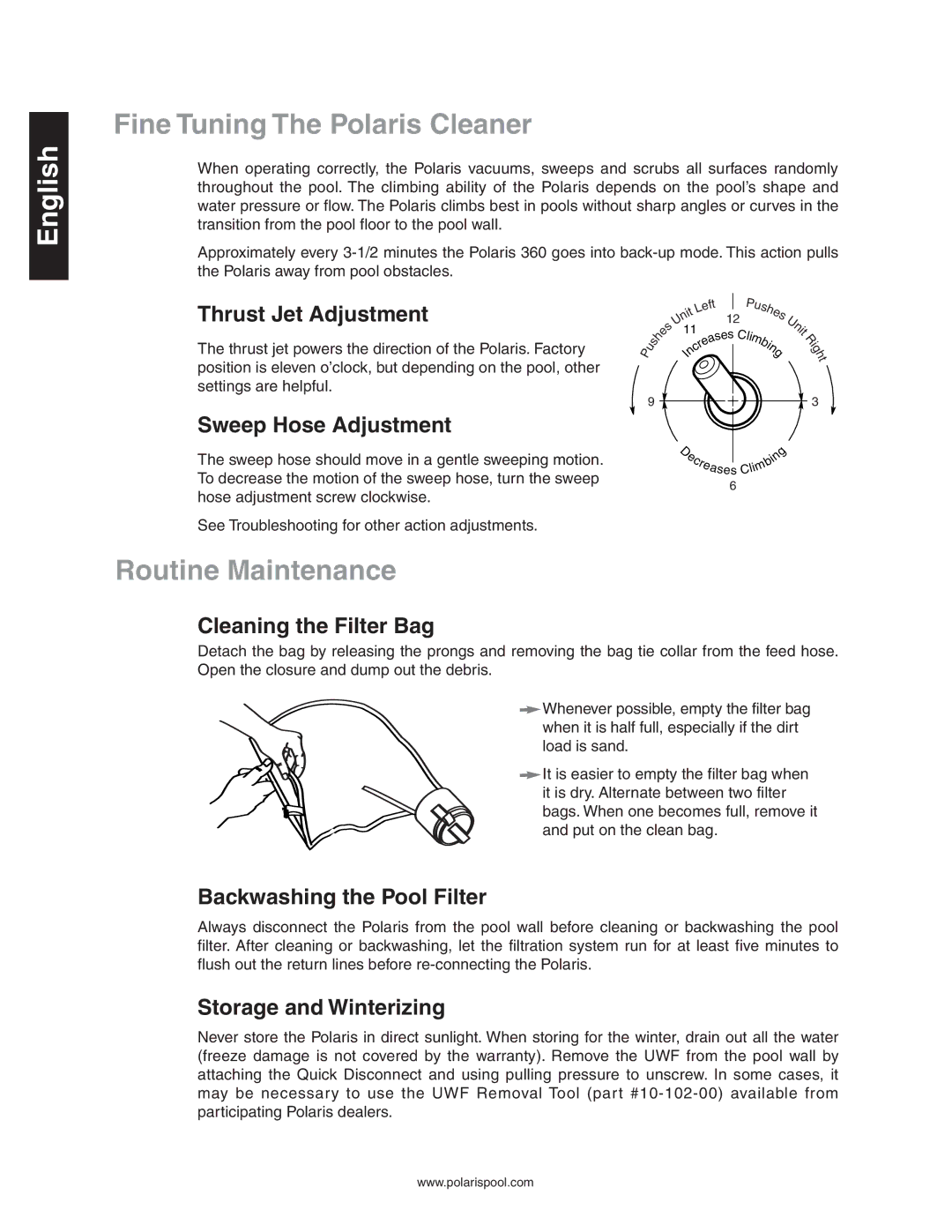 Polaris 360 owner manual Fine Tuning The Polaris Cleaner, Routine Maintenance 