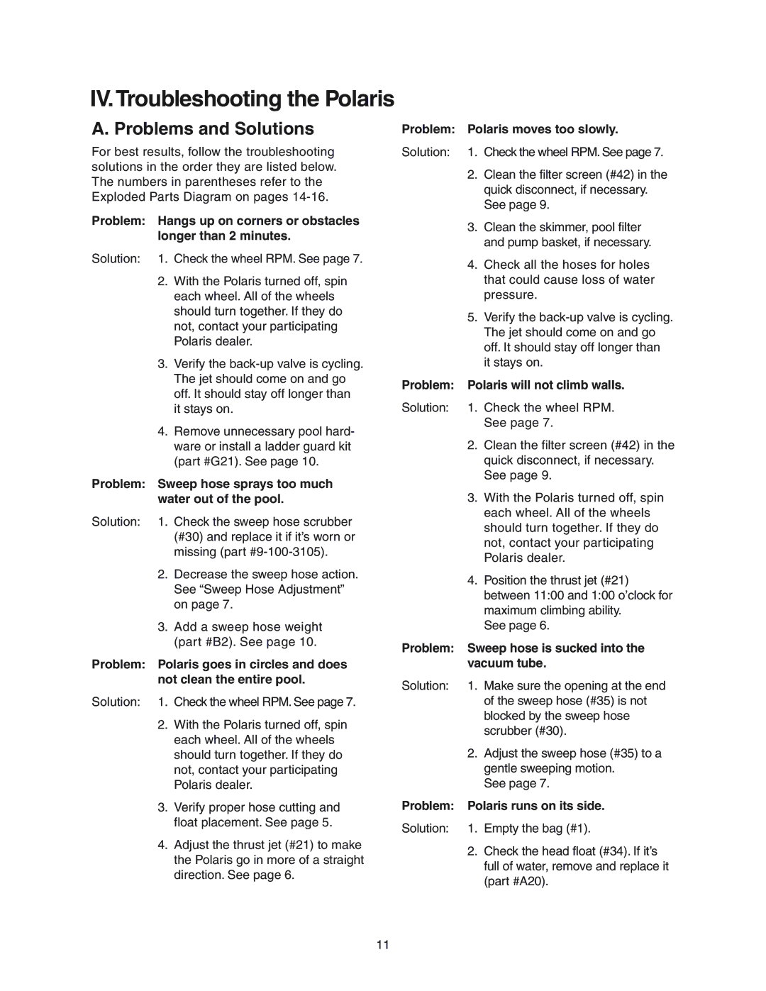 Polaris 380 owner manual IV.Troubleshooting the Polaris, Problems and Solutions 