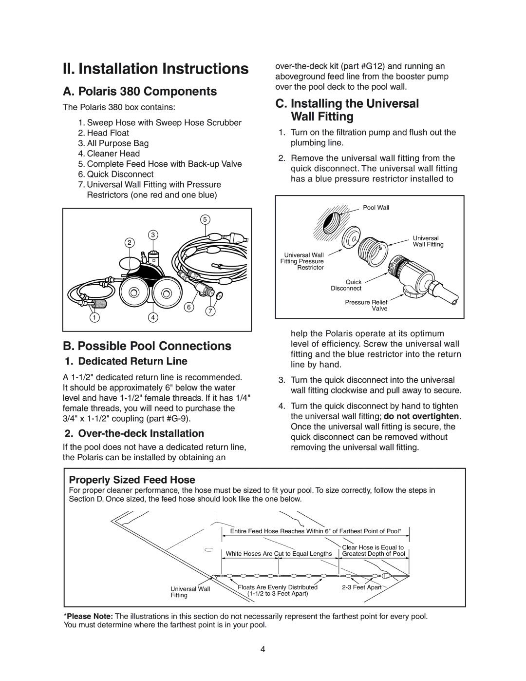 Polaris owner manual II. Installation Instructions, Polaris 380 Components, Possible Pool Connections 