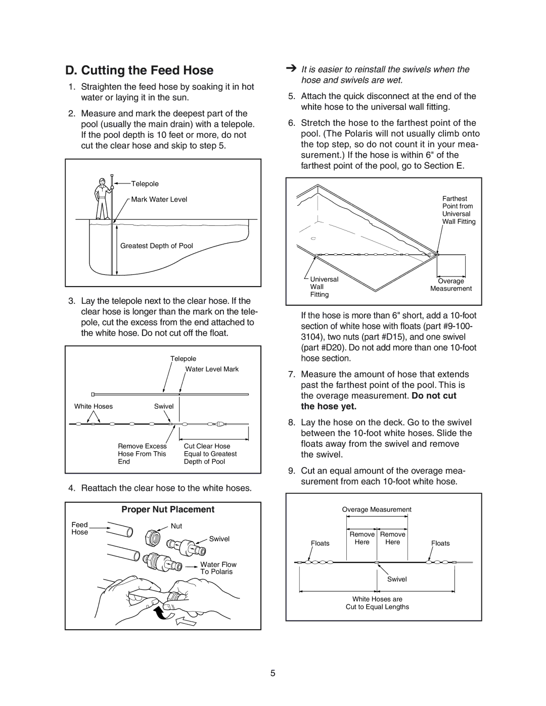 Polaris 380 owner manual Cutting the Feed Hose, Proper Nut Placement 