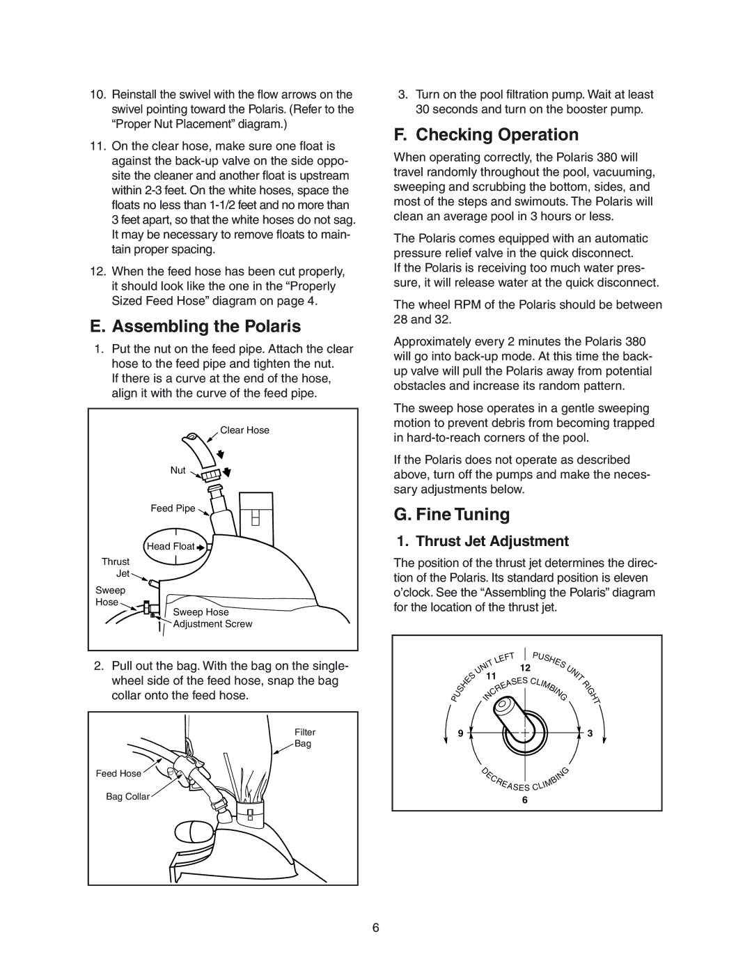 Polaris 380 owner manual Assembling the Polaris, Checking Operation, Fine Tuning, Thrust Jet Adjustment 