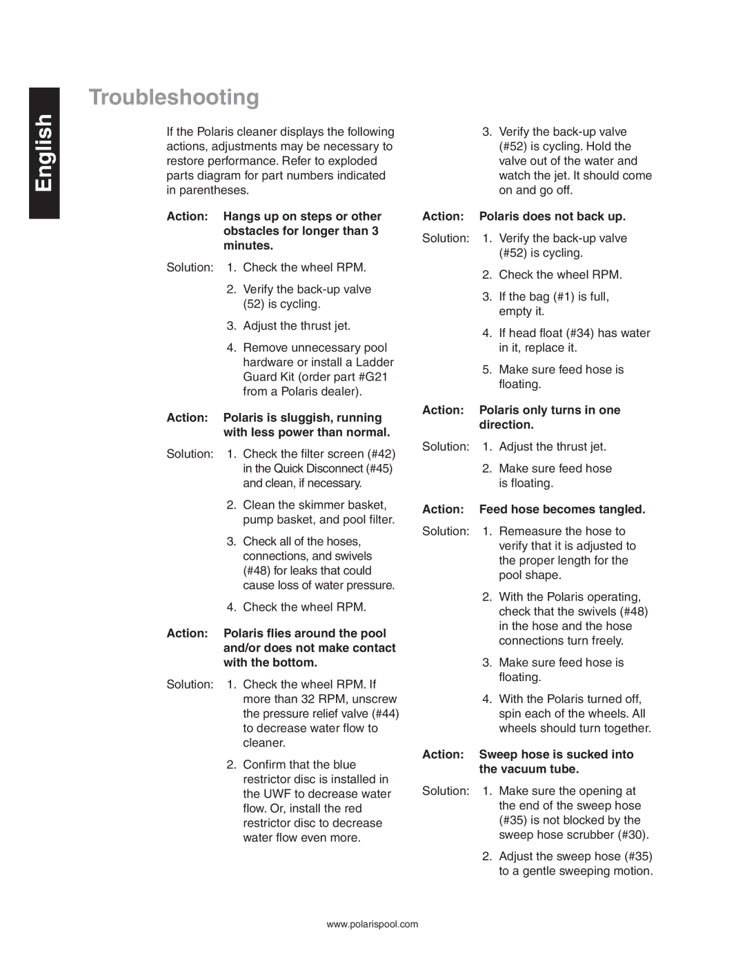 Polaris 380 owner manual Troubleshooting, Action Polaris does not back up, Action Polaris only turns in one direction 