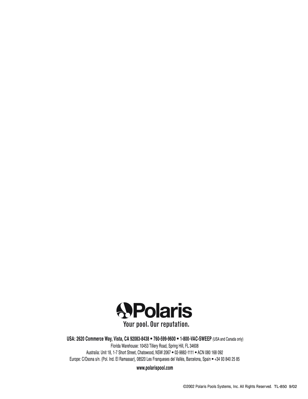 Polaris 380 owner manual Polaris Pools Systems, Inc. All Rights Reserved. TL-850 9/02 